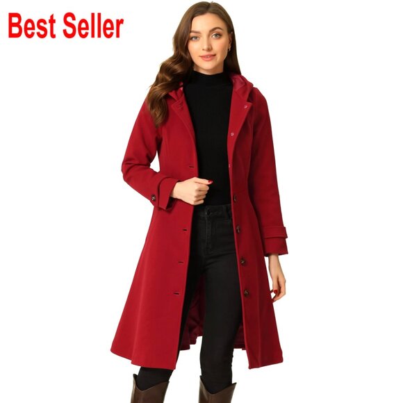 Single Breasted Hooded Trench Coat A-Line Fit Long Sleeve Overcoat with Pockets